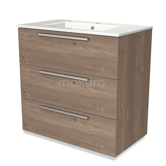 Houten badkamermeubel met drie laden, strak design, met witte keramische wastafel, ideaal voor moderne badkamers.