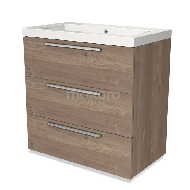 Houten badkamermeubel met wastafel, 3 lades met metalen handgrepen, modern ontwerp, ideaal voor opbergen in de badkamer.