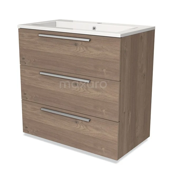Houten badkamermeubel met wastafel, drie lades, modern design, eikenkleur, ideaal voor opbergruimte in de badkamer.