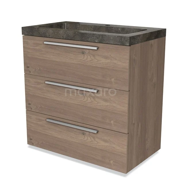 Badkamerkast houtlook met drie lades en natuurstenen wastafel, elegant ontwerp voor stijlvolle badkameropberging.