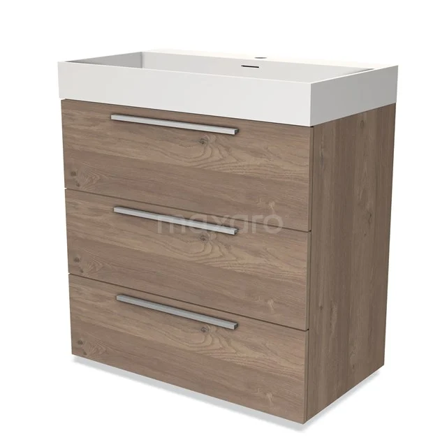 Houten badkamermeubel met witte wastafel, drie lades met metalen grepen. Strak design, ideaal voor moderne badkamers.