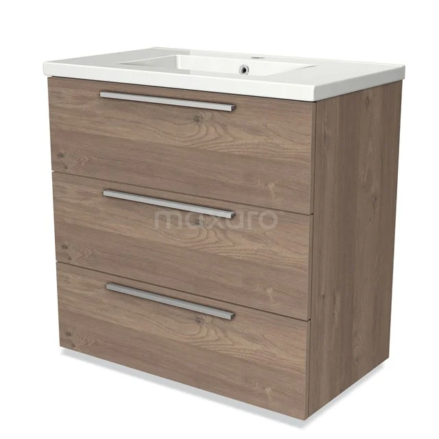 Wooden bathroom unit with three drawers, metal handles and ceramic vanity units with basin, ideal for modern bathrooms.