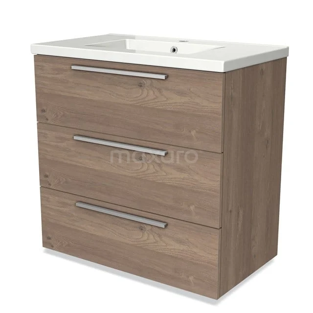 Wooden bathroom unit with three drawers, metal handles and ceramic vanity units with basin, ideal for modern bathrooms.