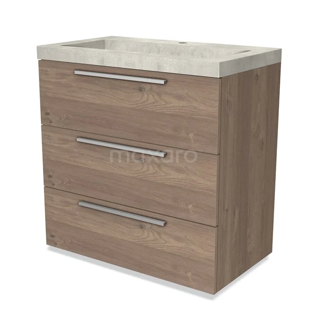 Houten badkamermeubel met 3 lades, beton-look wastafelblad en metalen handgrepen, ideaal voor een moderne badkamerstijl.