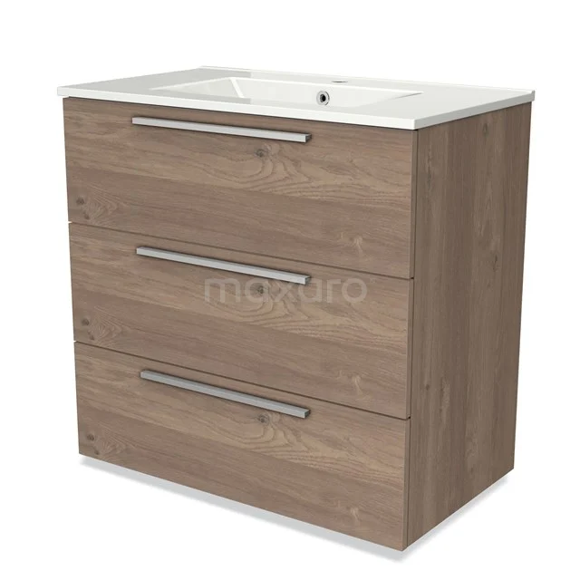 Houten badkamermeubel met drie lades, modern ontwerp, inclusief witte wastafel; ideaal voor stijlvolle badkameropslag.