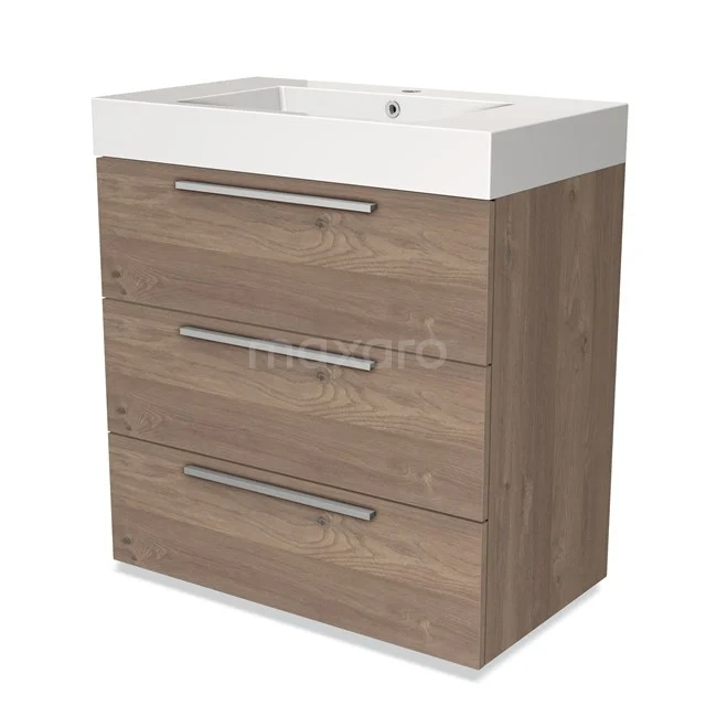 Houten badkamermeubel met drie lades, metalen grepen en een geïntegreerde witte wastafel, modern en compact ontwerp.