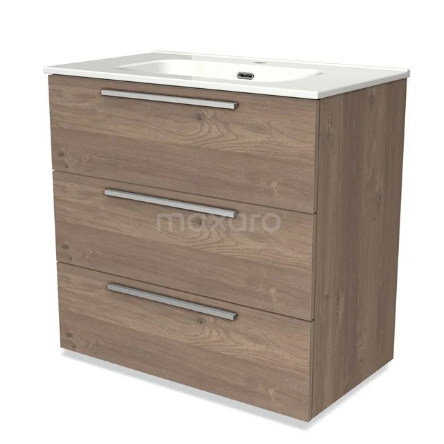 Houten badkamermeubel met wastafel, drie lades en modern design, ideaal voor stijlvolle en praktische badkameropslag.