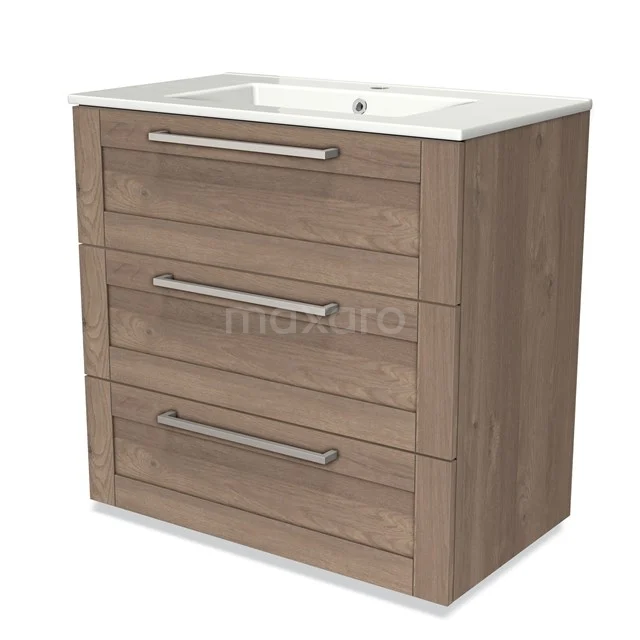 Modulo Vanity units with basin | 80 cm Mid brown oak Frame front Ceramic 3 drawers BMW19-00401 Wooden bathroom unit with three drawers and white basin, modern design, ideal for stylish bathroom storage.
