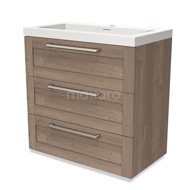 Modulo Vanity units with basin | 80 cm Mid brown oak Frame front Solid surface 3 drawers BMW19-00405 Wooden bathroom unit with white vanity units with basin, three drawers and metal handles, suitable for stylish and practical bathrooms.