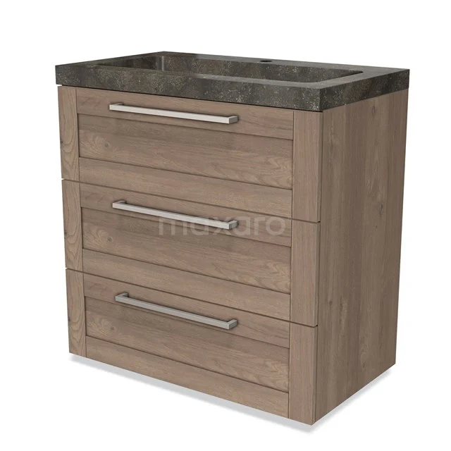 Holz-Badmöbel mit Natursteine Waschbecken, drei Schubladen und chromatischen Haltegriffe, modernes Design für das Badezimmer.
