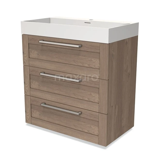 Wooden bathroom unit with three drawers, white basin worktop and metal handles, ideal for elegant bathroom storage.