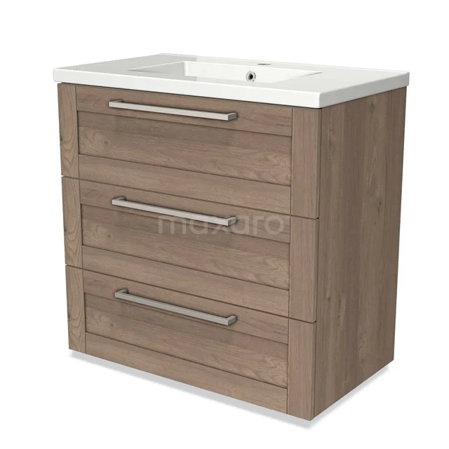 Modulo Vanity units with basin | 80 cm Mid brown oak Frame front Ceramic 3 drawers BMW19-00409 Wooden bathroom unit with three drawers and white basin, modern design, ideal for bathroom storage.