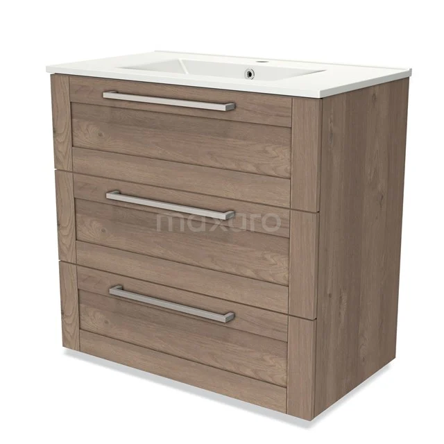 Modulo Bathroom furniture with sink | 80 cm Mid brown oak Frame front Ceramic 3 drawers BMW19-00414 Wooden bathroom unit with three drawers, white ceramic basin and modern metal handles, ideal for a stylish bathroom.