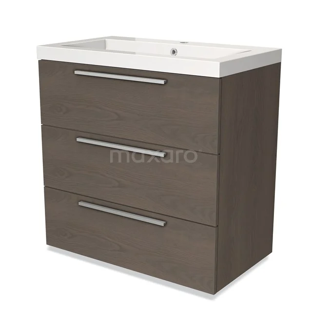 Houten badkamermeubel met drie lades, donkerbruin, inclusief witte wastafel; strak design voor moderne badkamers.