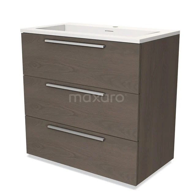 Houten badkamermeubel met wastafel, donkerbruin, drie zilveren lades, modern design. Perfect voor stijlvolle badkamers.