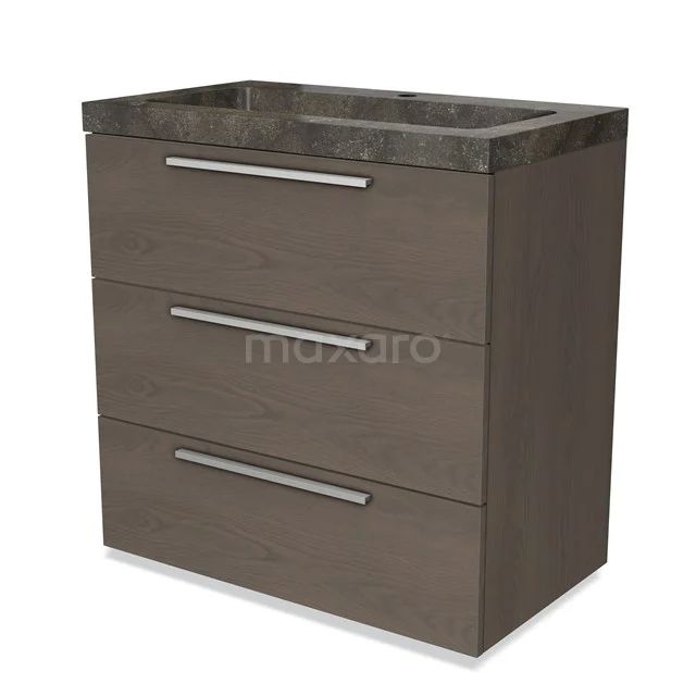 Bruine houten badkamerkast met drie lades, metalen handgrepen en een donker marmeren blad, ideaal voor moderne badkamers.