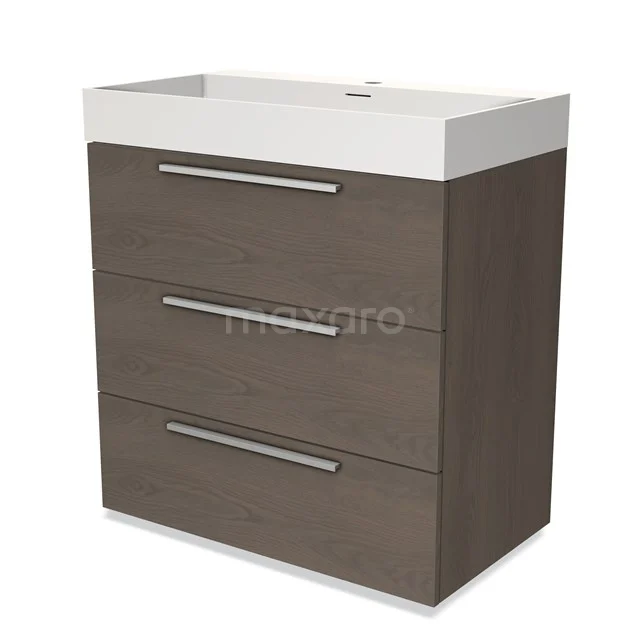 Houten badkamermeubel met donker eiken uitstraling, drie lades en geïntegreerde witte wastafel, modern design.