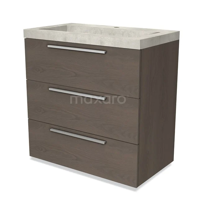 Wooden bathroom unit with dark brown finish, three drawers and a light grey stone vanity units with basin on top.