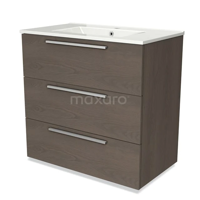 Donker houtlook badkamermeubel met keramische wasbak, drie lades en moderne RVS-handgrepen, ideaal voor stijlvol badkamerdesign.
