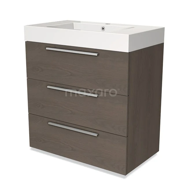 Bruine houten badkamermeubel met drie lades en een witte wastafel; strak design voor moderne badkamers.
