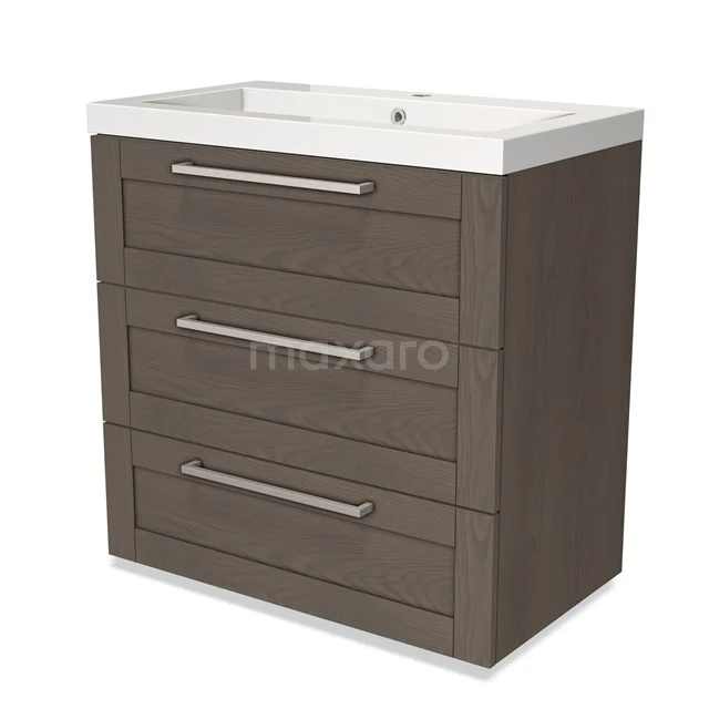Brown wooden vanity unit with 3 drawers, Stainless steel handles and white sink, perfect for a modern bathroom.