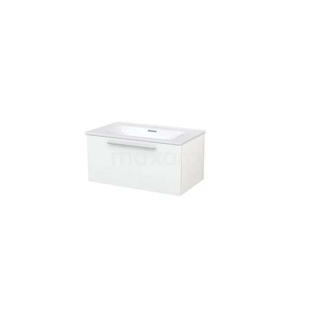 Modulo+ Vanity units with basin | 80 cm High-gloss white Flat front Ceramic 1 drawer BMP004687 White rectangular bathroom cabinet with integrated drawers, single drawer, modern design, ideal for compact bathrooms.