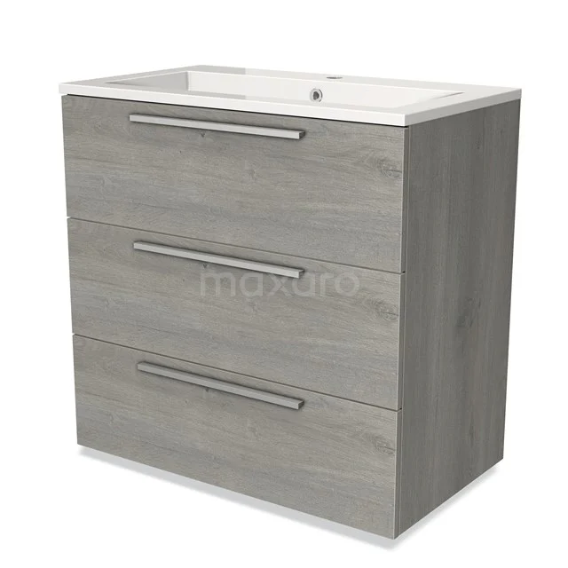 Grey wooden Bathroom unit with white vanity units with basin, three drawers and modern handles; stylish and practical for any bathroom.