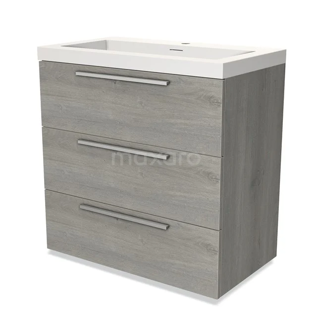 Grey wooden bathroom unit with white ceramic vanity units with basin, three drawers and silver handles.