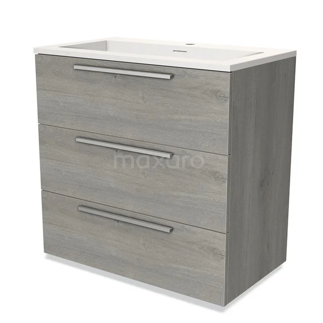 Modulo Vanity units with basin | 80 cm Grey oak Flat front Solid surface 3 drawers BMW19-00454 Grey wooden bathroom unit with three drawers, metal handles and integrated white vanity units with basin. Modern and sleek design.