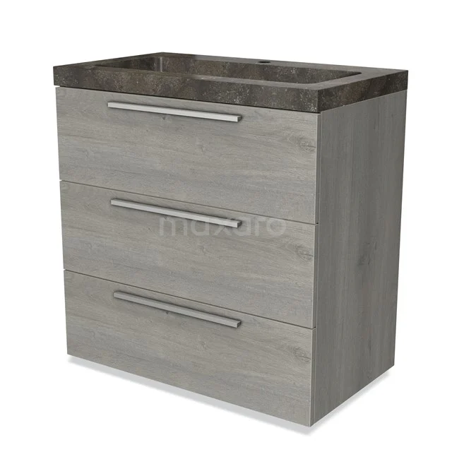 Modulo Vanity units with basin | 80 cm Grey oak Flat front Natural stone 3 drawers BMW19-00455 Grey wooden bathroom mirror cabinet with three drawers and a dark marble worktop, ideal for stylish bathroom storage solutions.