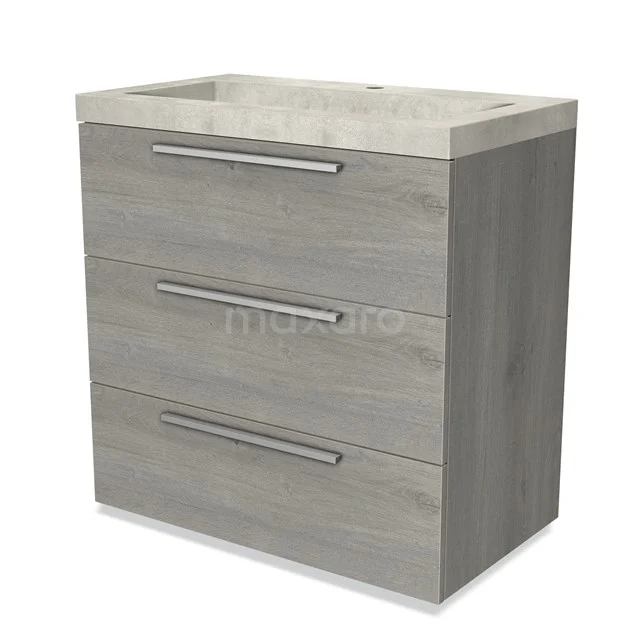 Grey oak bathroom unit with three drawers and integrated vanity units with basin, modern design and durable finish.