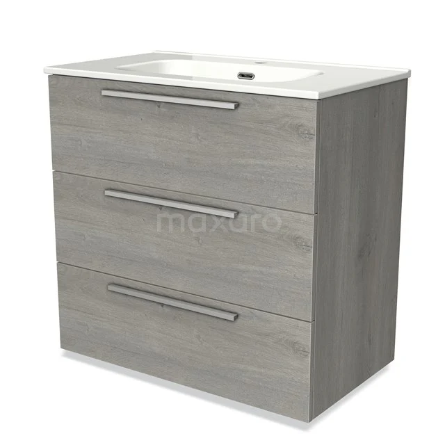 Grey wooden bathroom unit with three drawers and integrated white basin, ideal for modern bathroom storage.