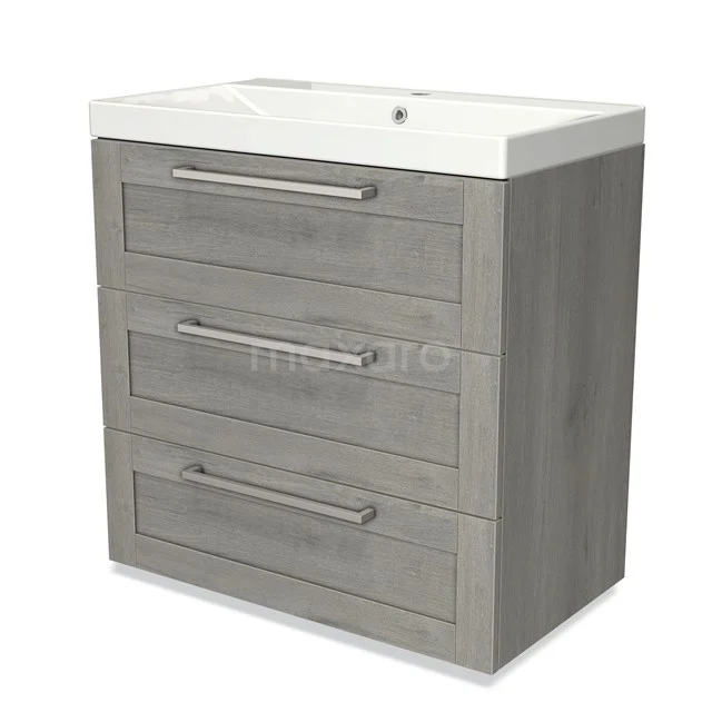 Grey wooden bathroom unit with three drawers and white vanity units with basin; sleek design, ideal for modern bathrooms.