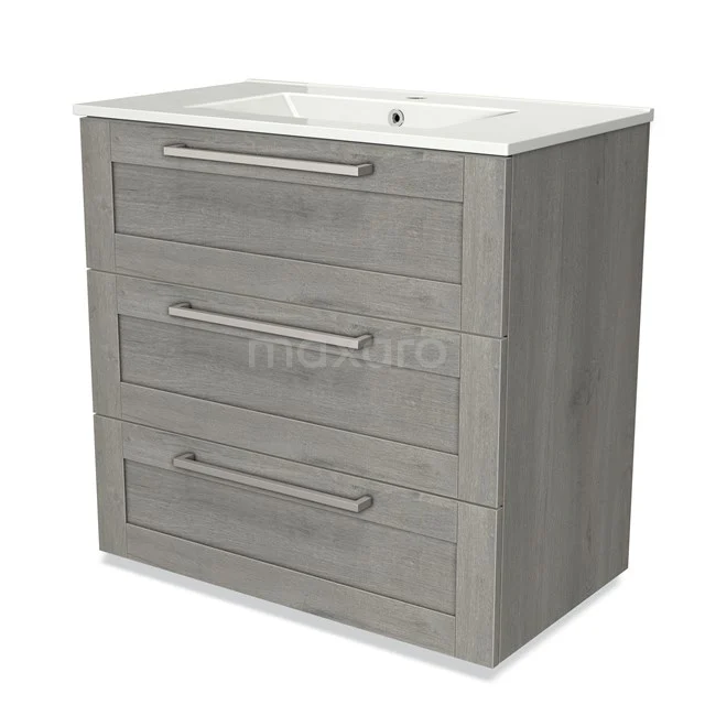 Wooden bathroom unit grey with basin, stainless steel-look drawer handles, sleek design and three spacious drawers for storage space.