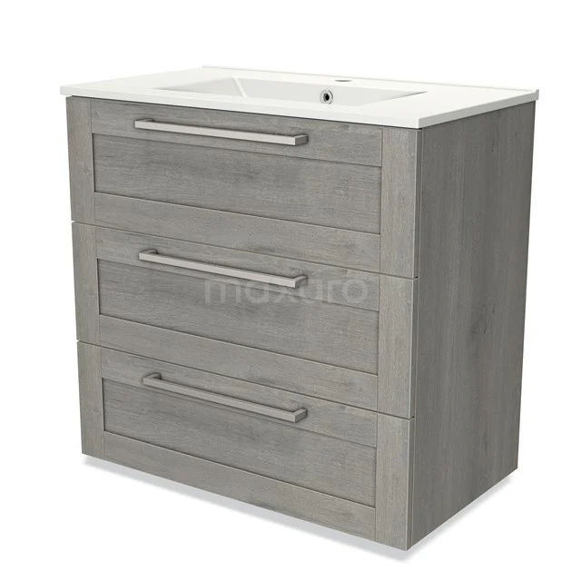 Grey wooden bathroom unit with three drawers and a white vanity units with basin, ideal for storage and stylish bathroom design.