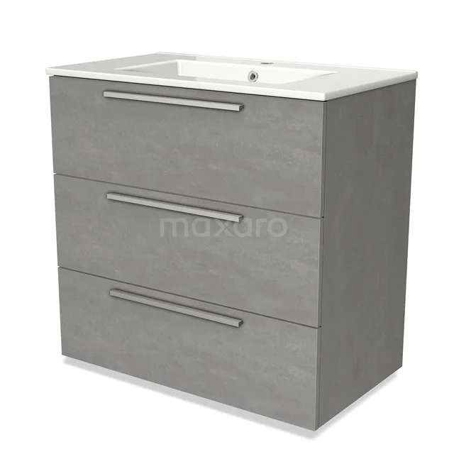 Grey wooden Bathroom unit with three drawers, white ceramic vanity units with basin and sleek handles, ideal for modern bathrooms.