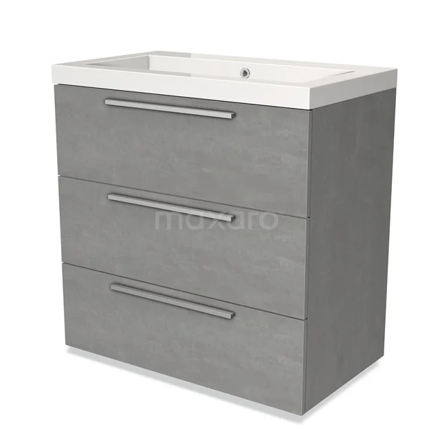 Grijze badkamermeubelset met drie lades, moderne houtlook afwerking en witte keramische wastafel voor een stijlvolle badkamer.