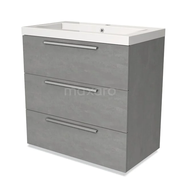Grey bathroom furniture set with three drawers, chrome handles and built-in basin, ideal for modern bathrooms.