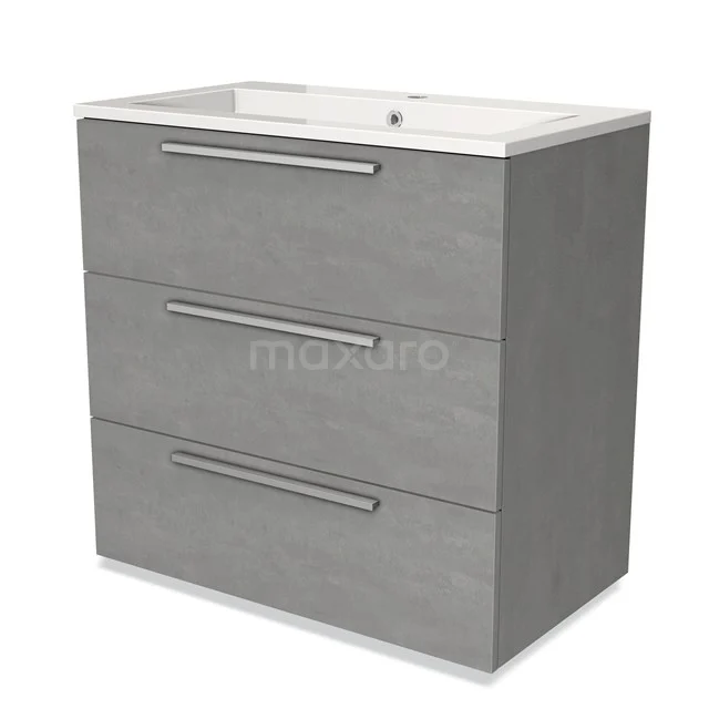 Grijze badkamermeubelset met drie lades en witte wastafel, modern design met houtlook afwerking, ideaal voor badkamerruimte.