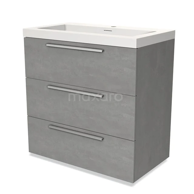 Grijze houten badkamermeubel met drie lades, metalen handgrepen en geïntegreerde wastafel, ideaal voor moderne badkamerstijlen.