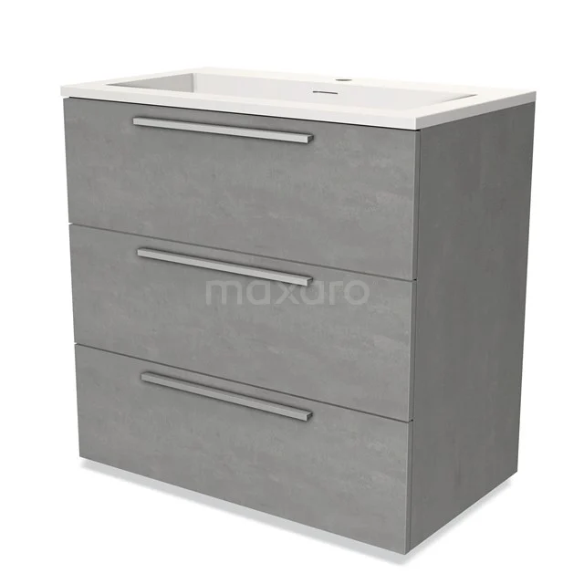 Grey bathroom cabinet with three drawers and integrated basin, modern design, durable wood-look finish.