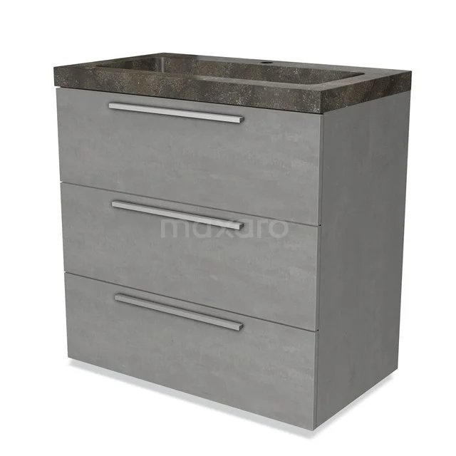 Grijze badkamerkast met betonlook, drie metalen handgrepen en stevig wastafelblad, ideaal voor moderne badkameropslag.