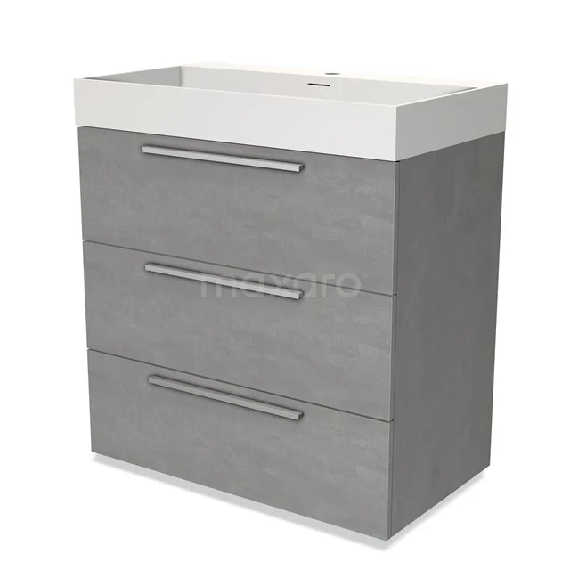Grey bathroom cabinet with white basin, three drawers with metal handles, modern design, suitable for stylish bathroom storage.