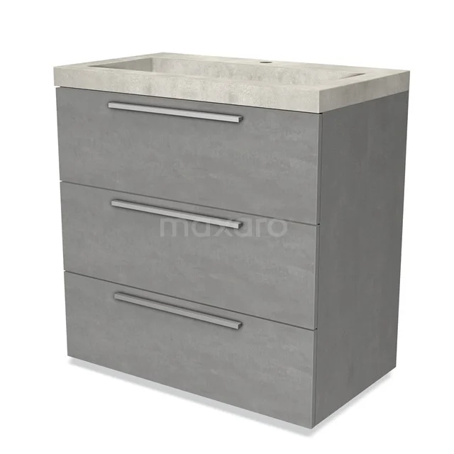 Grijze badkamerkast met drie lades, houtlook en beton wastafel, ideaal voor moderne badkameropslag.