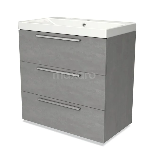 Grijze houten badkamermeubelset met witte wastafel en drie lades, modern design.