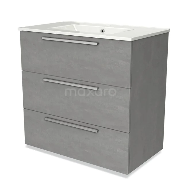 Grijze badkamerkast met drie lades, modern design en witte wastafel, ideaal voor georganiseerde badkameropslag.