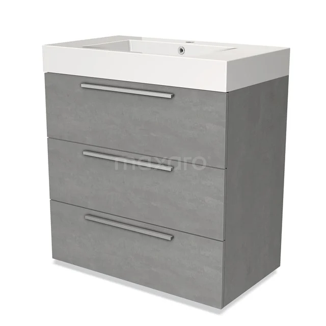 Grey wooden bathroom cabinet with white sink, three drawers and metal handles, ideal for stylish bathroom storage.