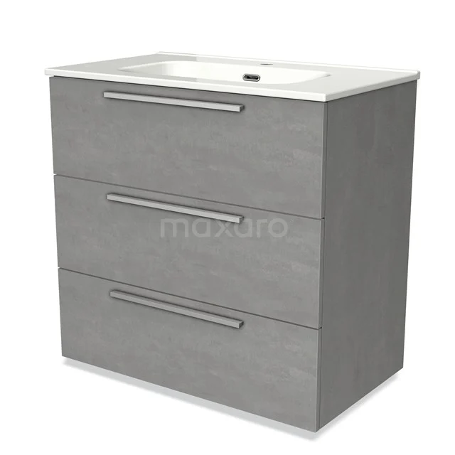 Grey bathroom unit with three drawers, modern silver handles and integrated vanity units with basin, ideal for stylish bathroom storage.