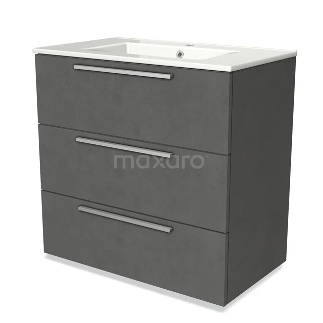 Grijs badkamermeubel met drie lades, ingebouwde witte wasbak en chromen grepen, perfect voor een moderne badkamer.