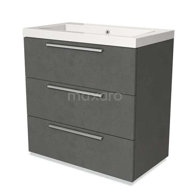 Grijze badkamerkast met drie lades, witte wasbak, moderne afwerking en aluminium handgrepen, ideaal voor stijlvolle badkameropslag.